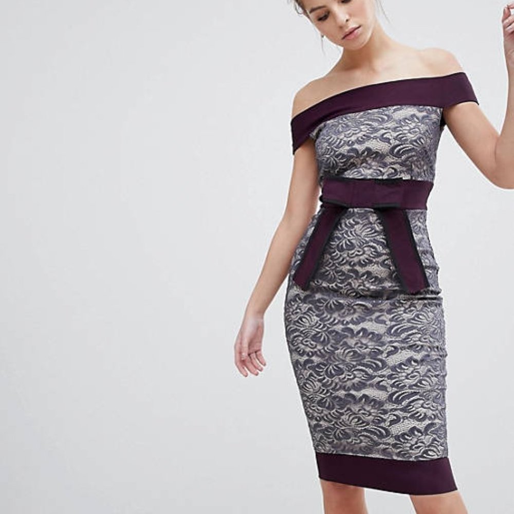 NWOT ASOS Vesper Lace Bardot Off The Shoulder Purple Dress